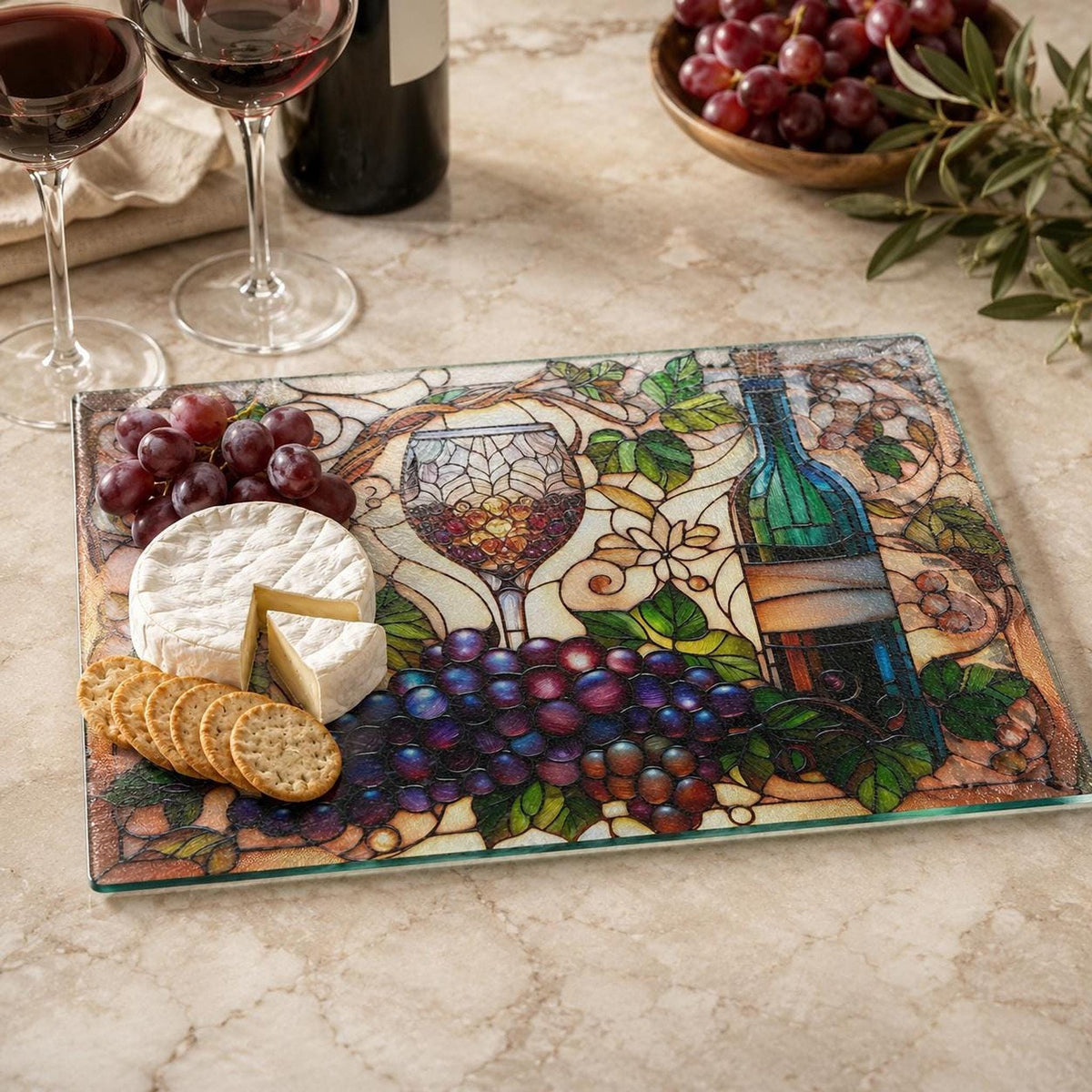 Wine Cutting Board, Tempered Glass Charcuterie with Vineyard Design