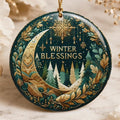 Ceramic Ornament, 3-Inch Round Winter Blessings Moon Forest Design