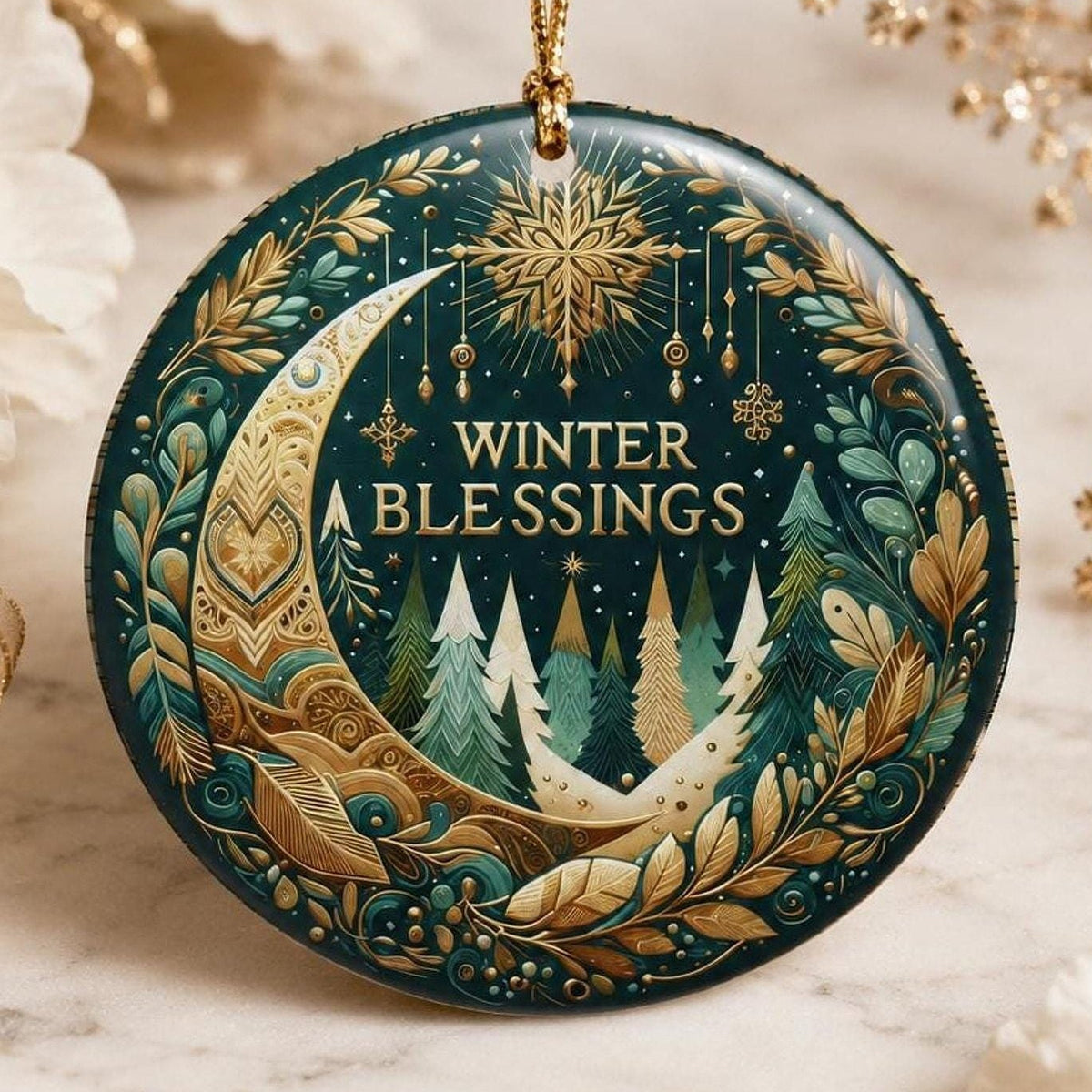 Ceramic Ornament, 3-Inch Round Winter Blessings Moon Forest Design