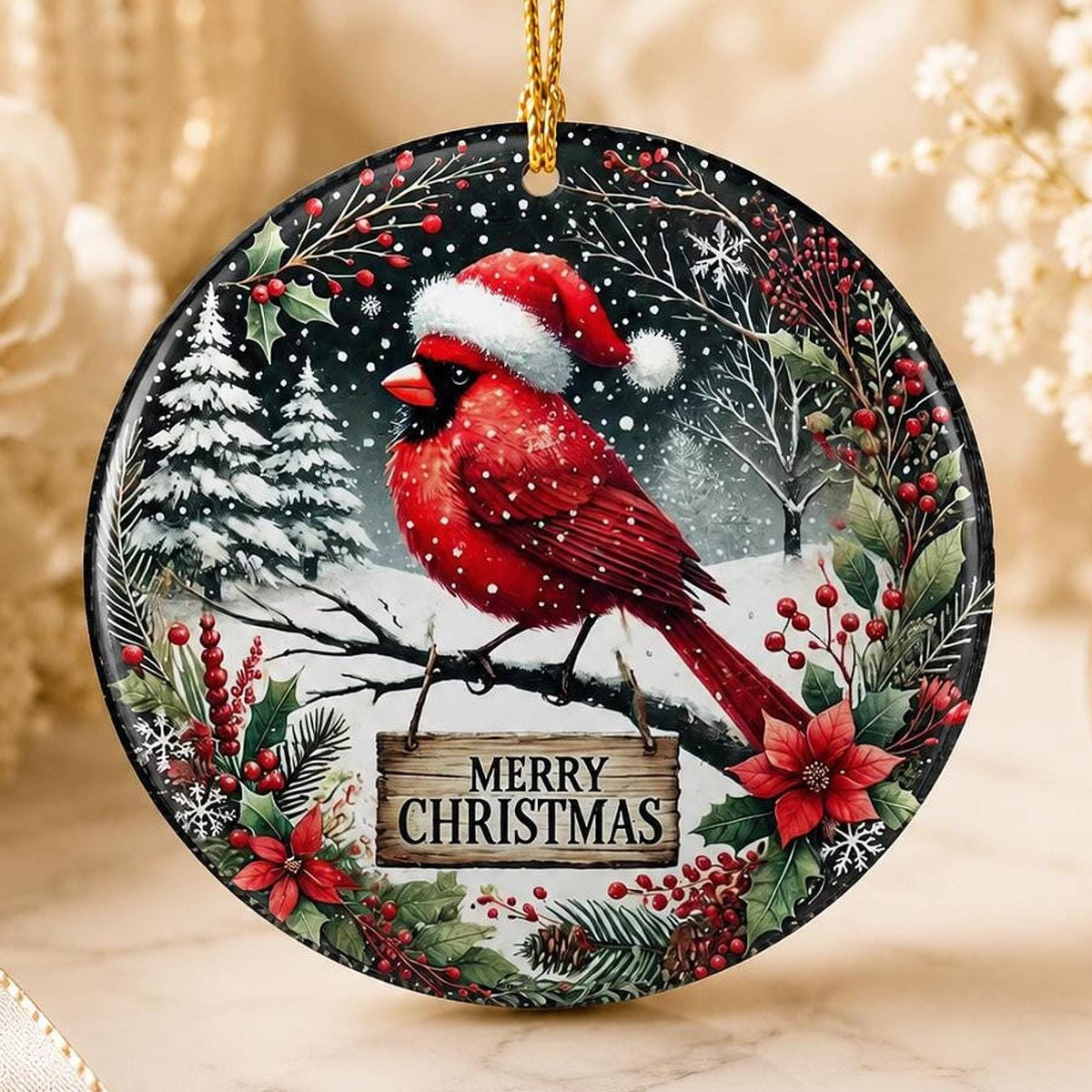 Cardinal Ornament, 3-Inch Glossy Ceramic Snow Scene Christmas Keepsake