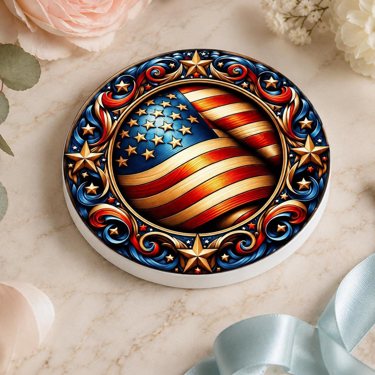 Ceramic Coaster, Ornate American Flag Design with Glossy or Matte Finish