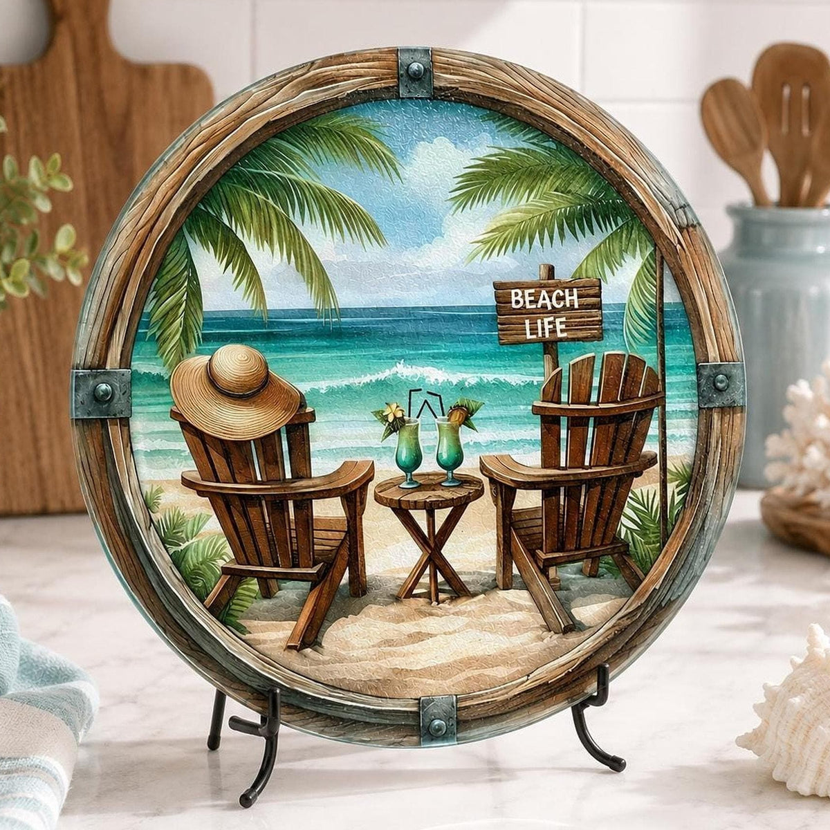 Beach Cutting Board, Round Tempered Glass Charcuterie Tray