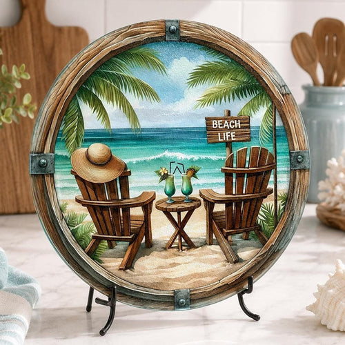 Beach Cutting Board, Round Tempered Glass Charcuterie Tray