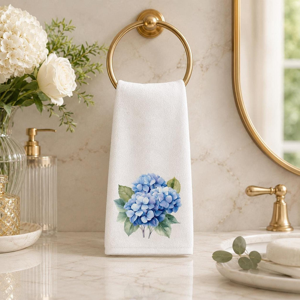 Hydrangea Gift Blue Hand Towel, Printed Floral Design, Cotton Terry Back