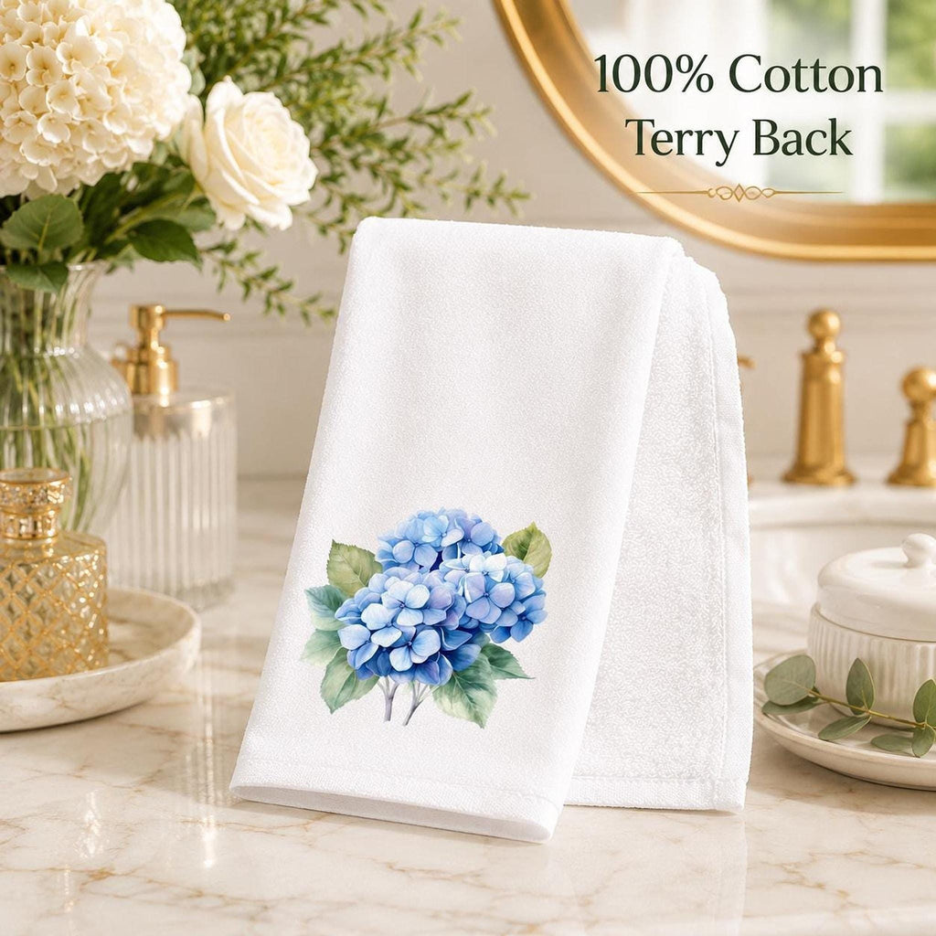 Hydrangea Gift Blue Hand Towel, Printed Floral Design, Cotton Terry Back