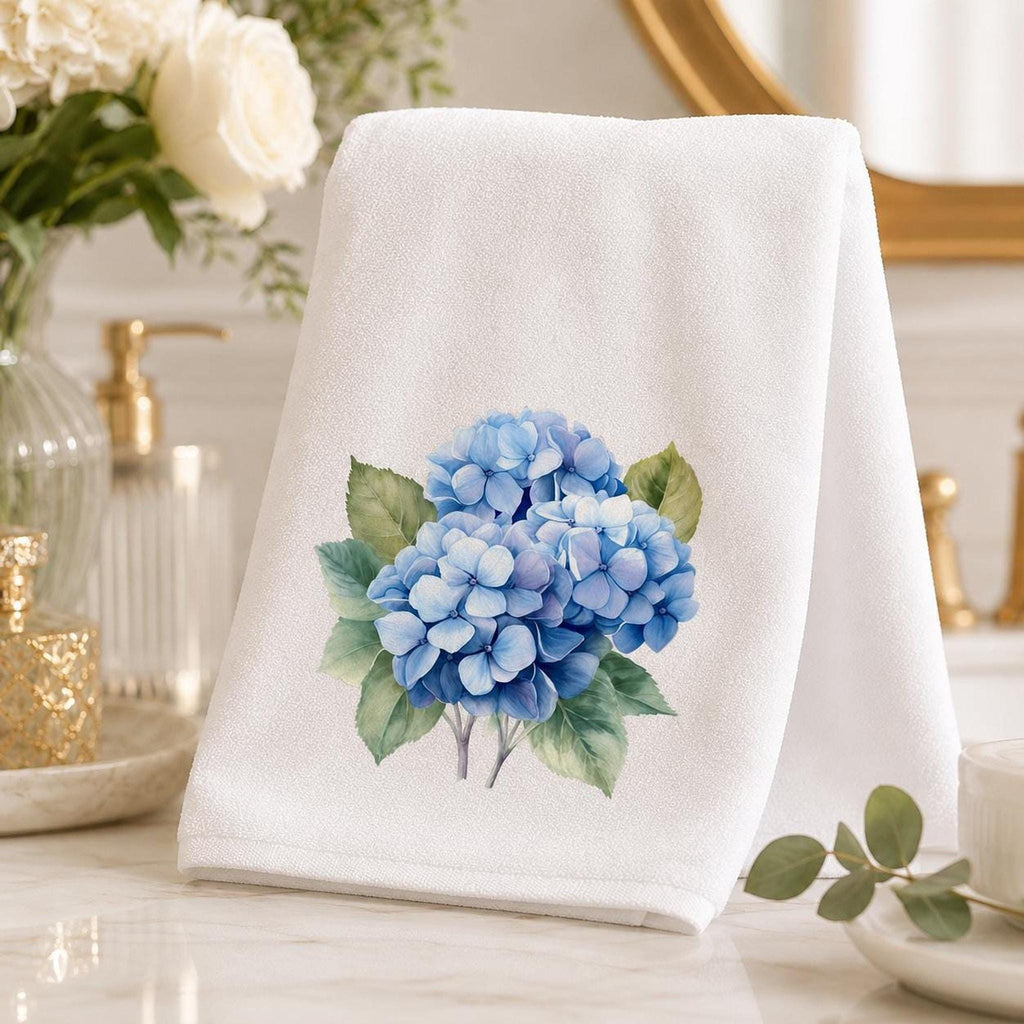 Hydrangea Gift Blue Hand Towel, Printed Floral Design, Cotton Terry Back