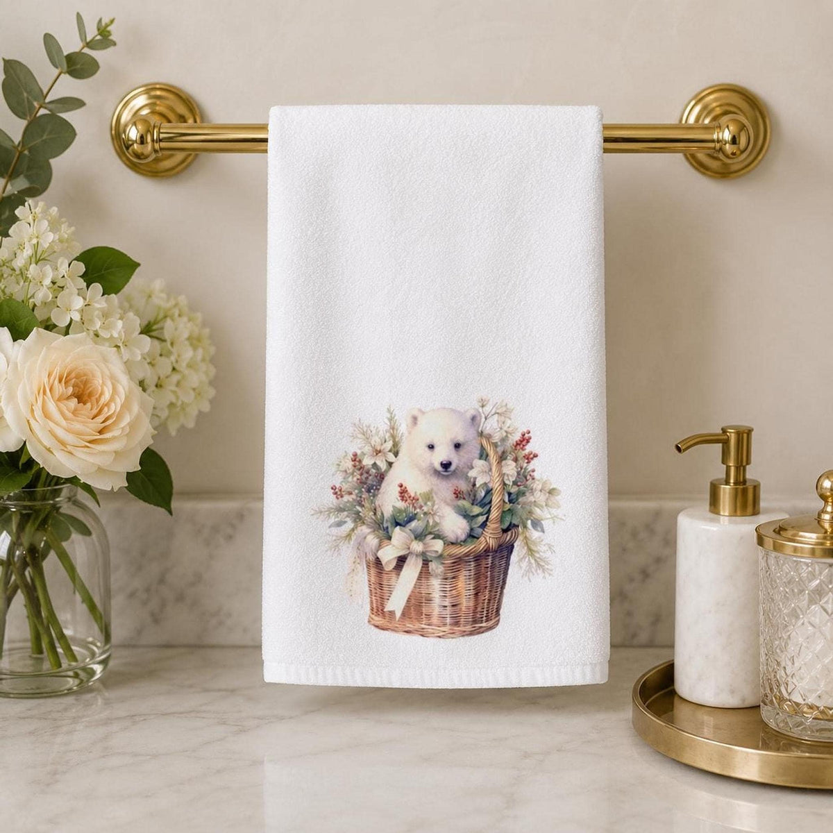 Powder Room Decor, Christmas Hand Towel with Winter Bear, 15 x 25 Inch