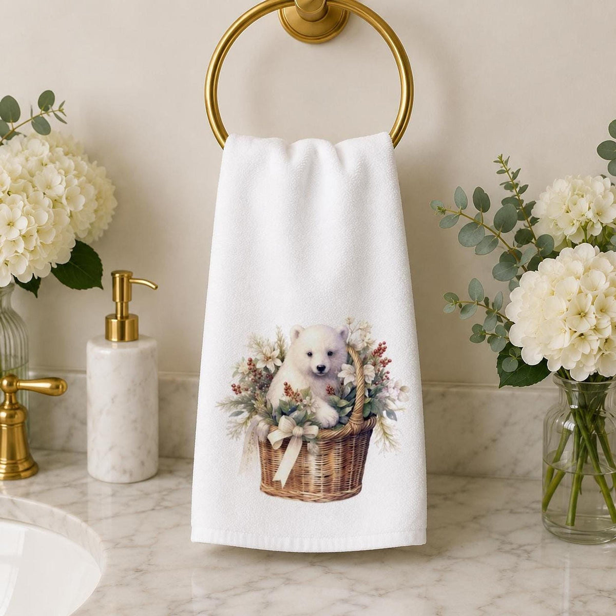 Powder Room Decor, Christmas Hand Towel with Winter Bear, 15 x 25 Inch