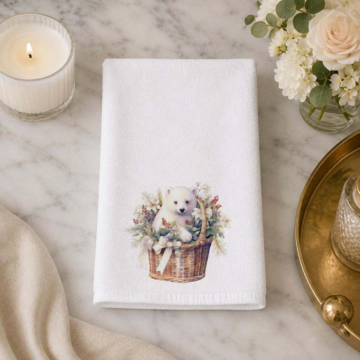 Powder Room Decor, Christmas Hand Towel with Winter Bear, 15 x 25 Inch
