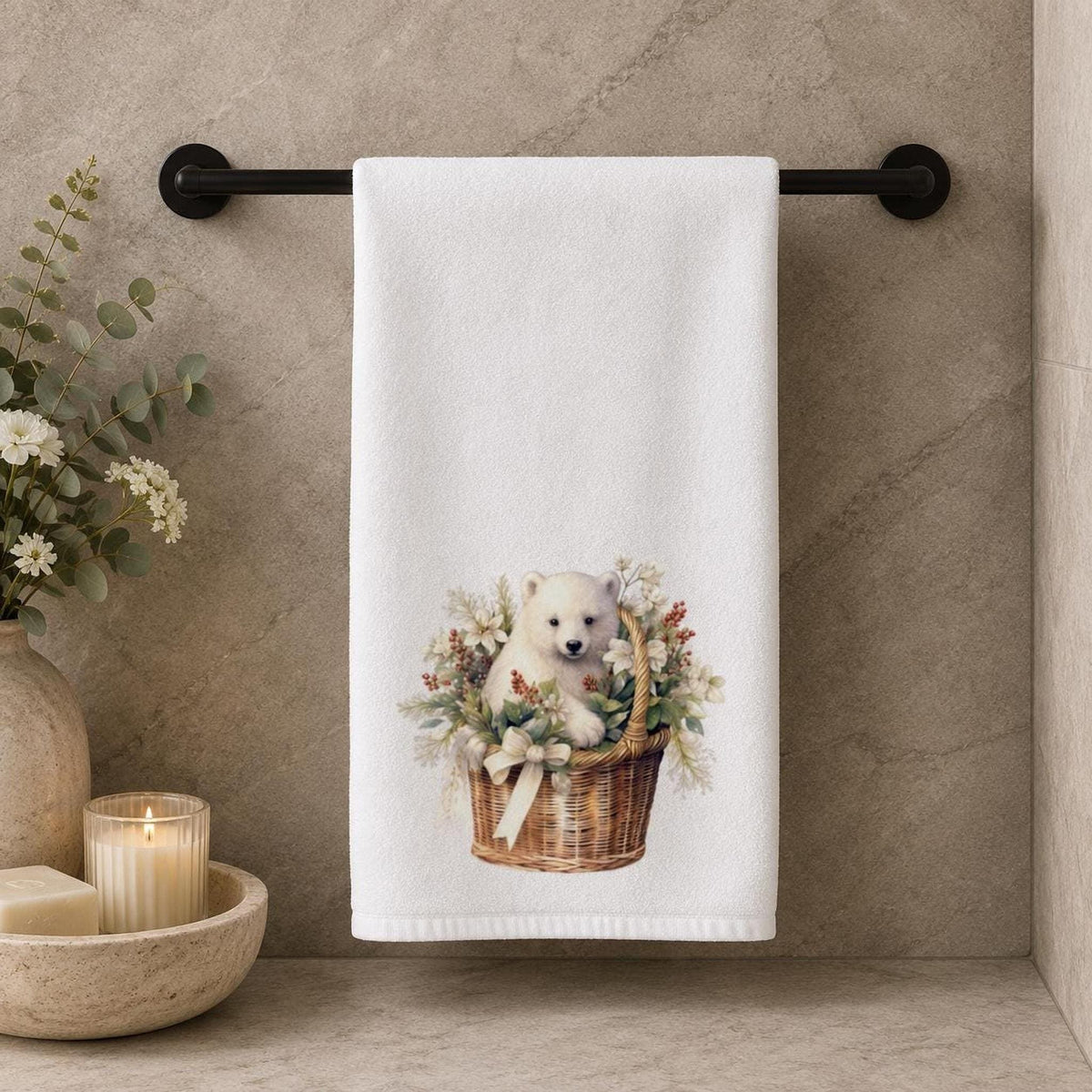 Powder Room Decor, Christmas Hand Towel with Winter Bear, 15 x 25 Inch