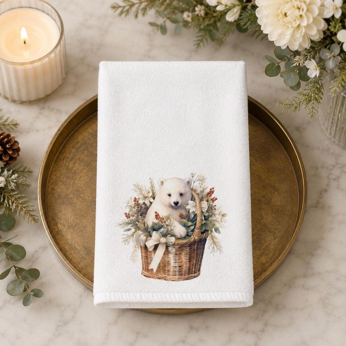 Powder Room Decor, Christmas Hand Towel with Winter Bear, 15 x 25 Inch