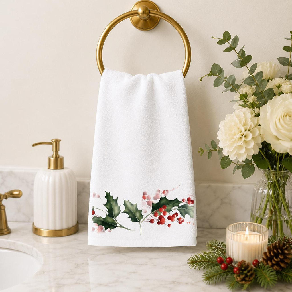 Holly Berry Hand Towel, Christmas Bathroom Decor, Winter Botanical Accent