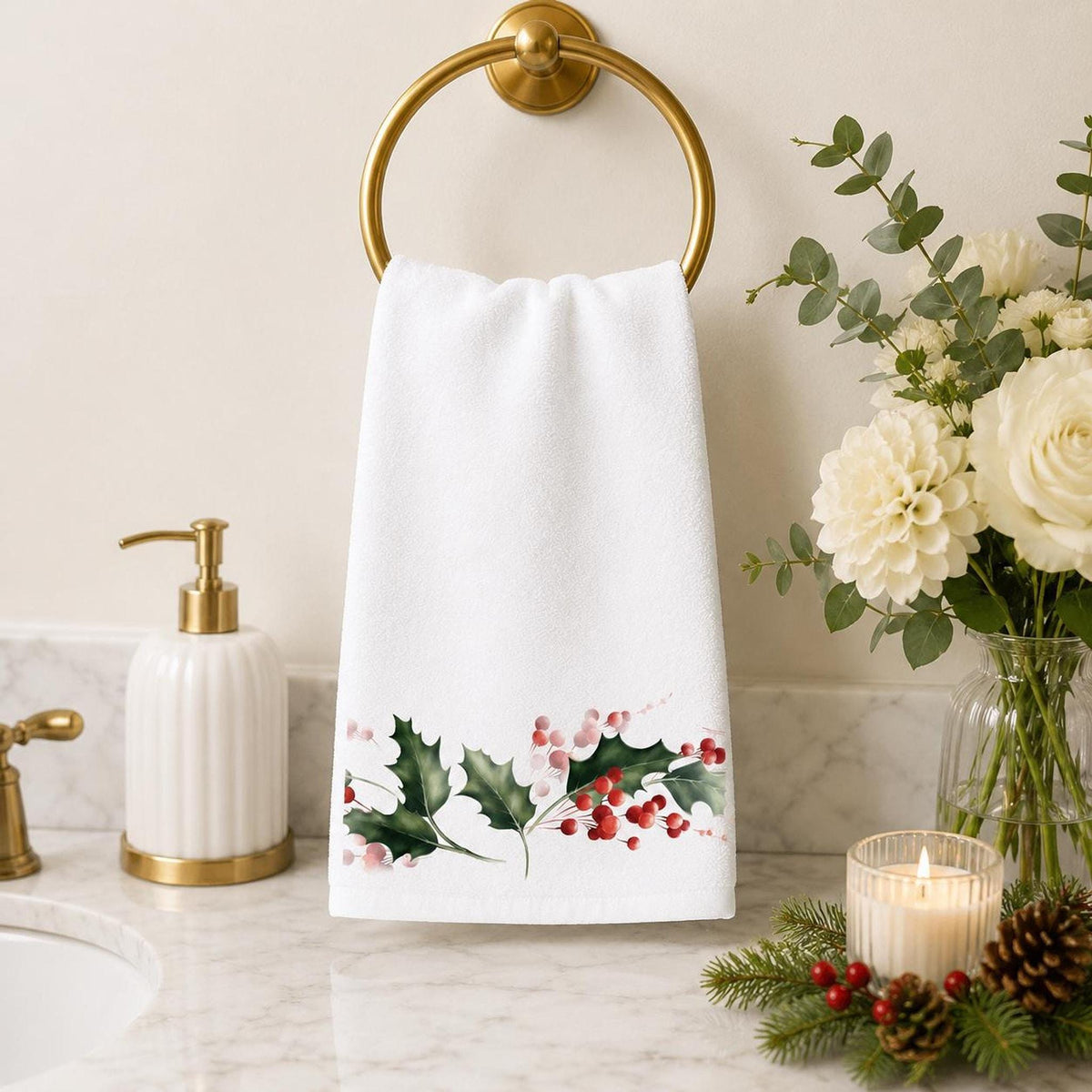 Holly Berry Hand Towel, Christmas Bathroom Decor, Winter Botanical Accent