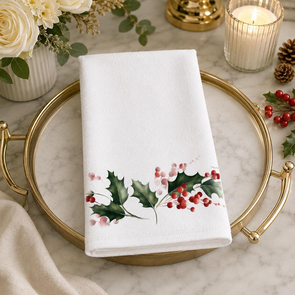 Holly Berry Hand Towel, Christmas Bathroom Decor, Winter Botanical Accent