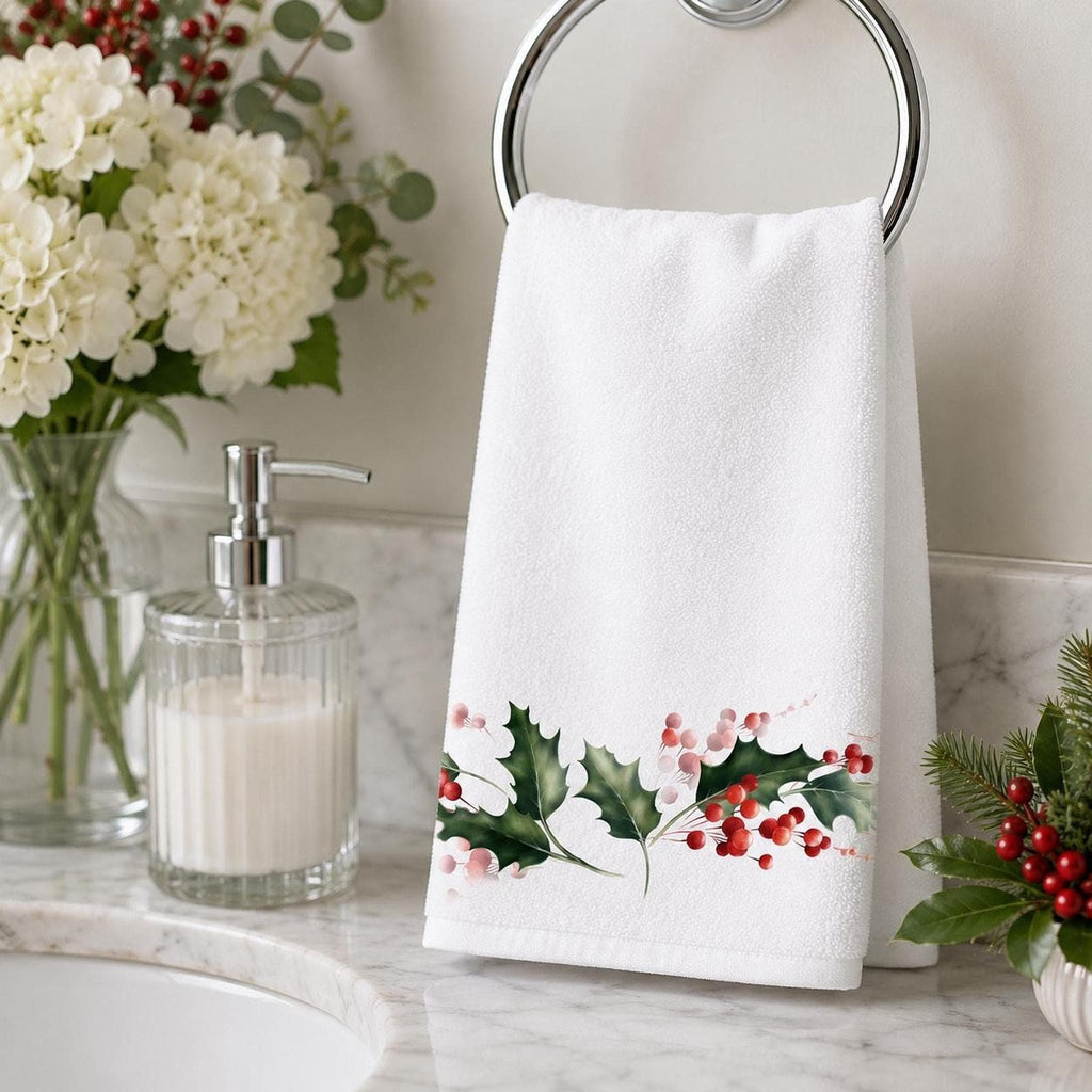 Holly Berry Hand Towel, Christmas Bathroom Decor, Winter Botanical Accent