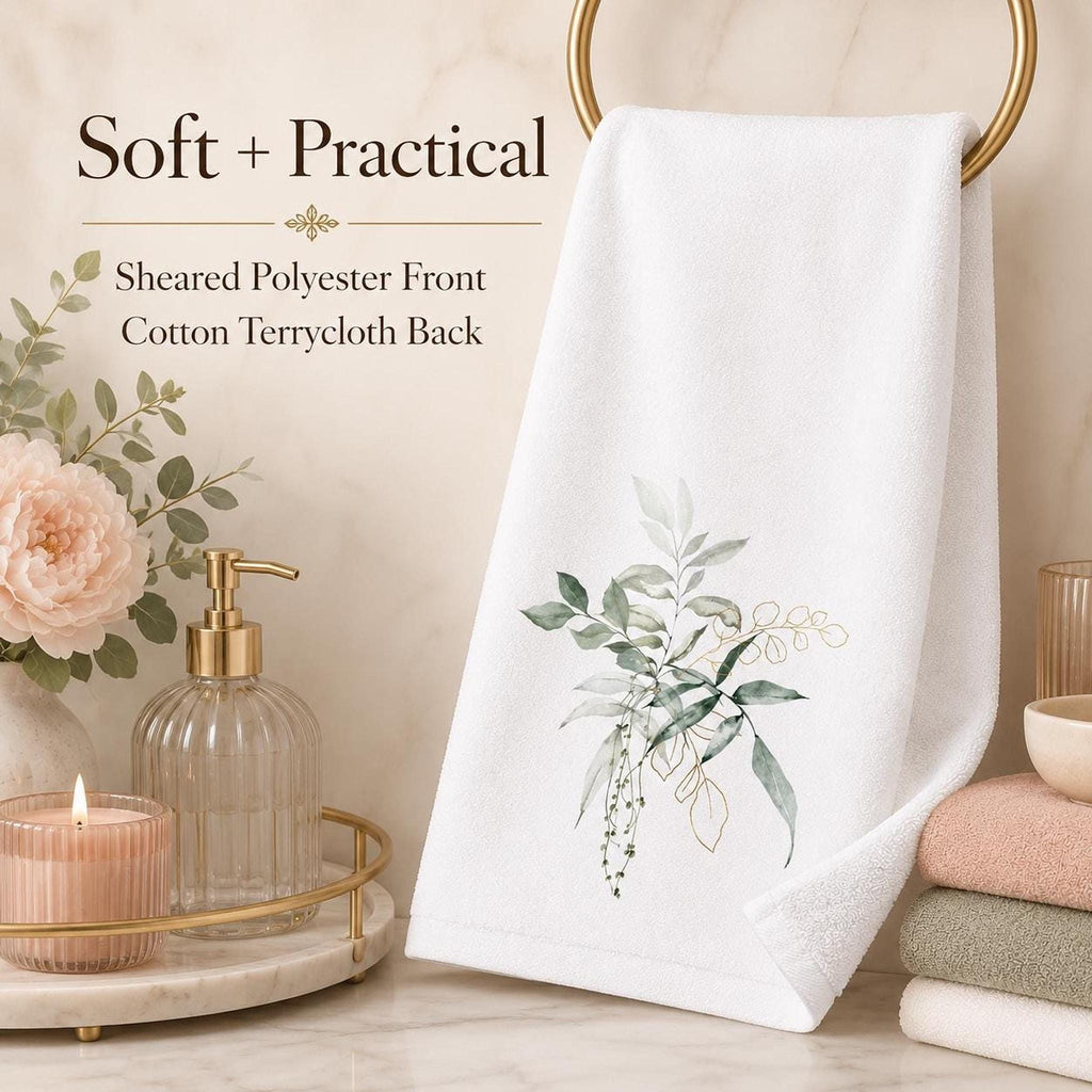 Botanical Towel, White Cotton Terrycloth with Eucalyptus Greenery and Gold Accents