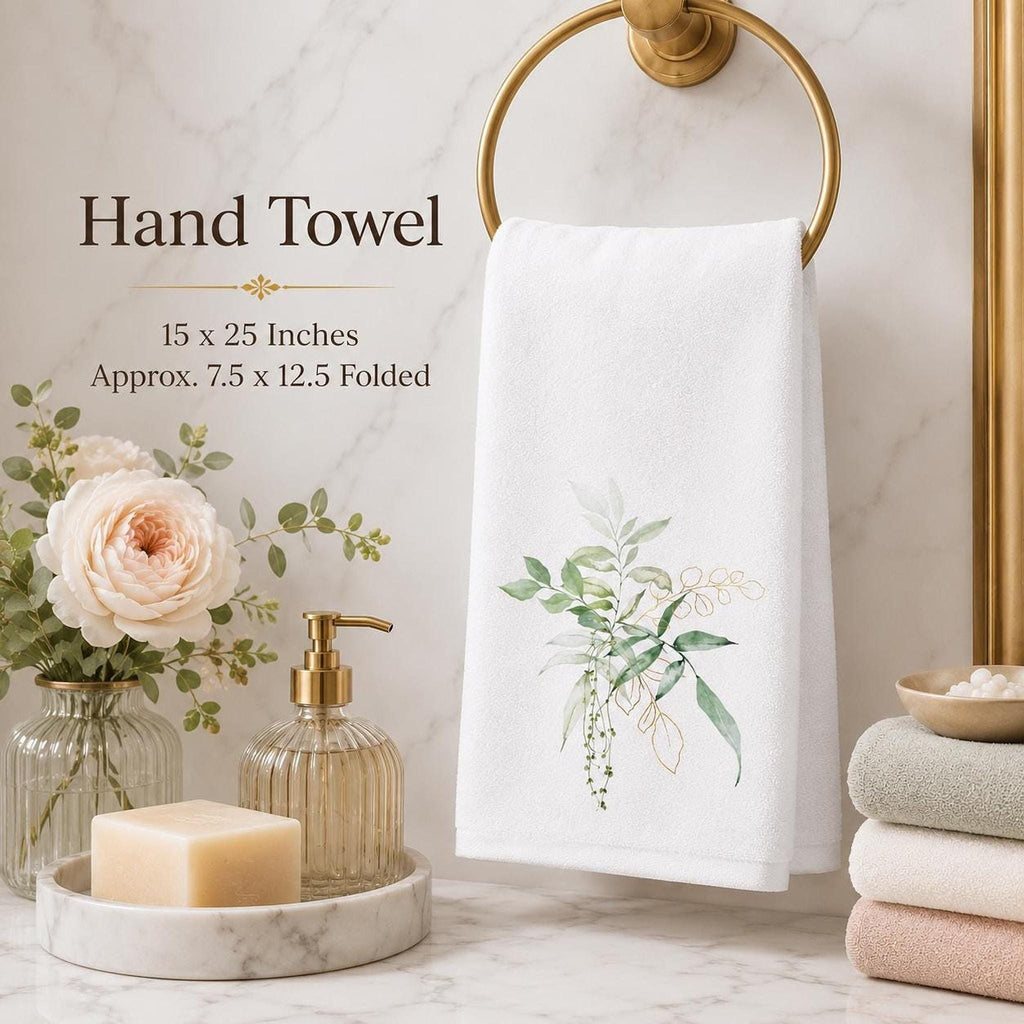 Botanical Towel, White Cotton Terrycloth with Eucalyptus Greenery and Gold Accents
