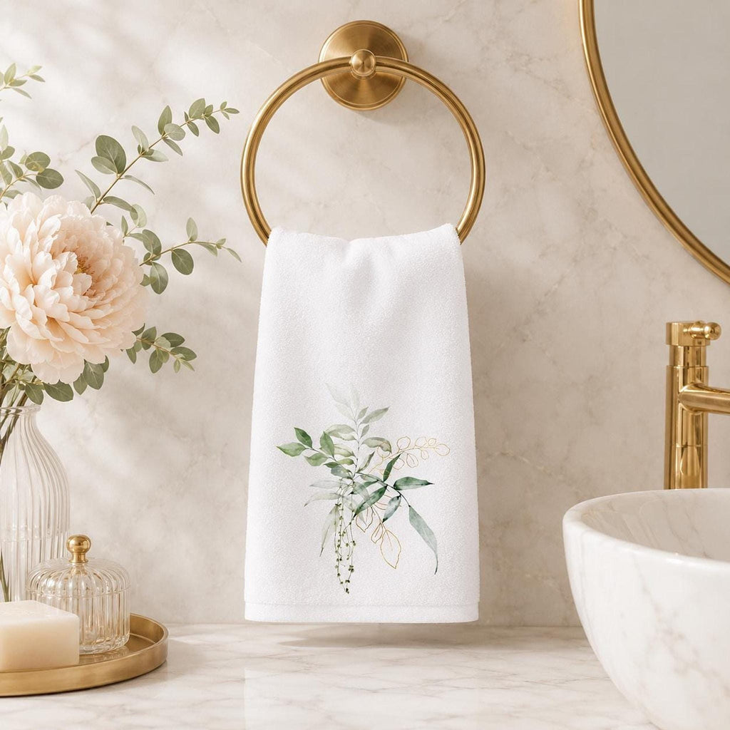 Botanical Towel, White Cotton Terrycloth with Eucalyptus Greenery and Gold Accents