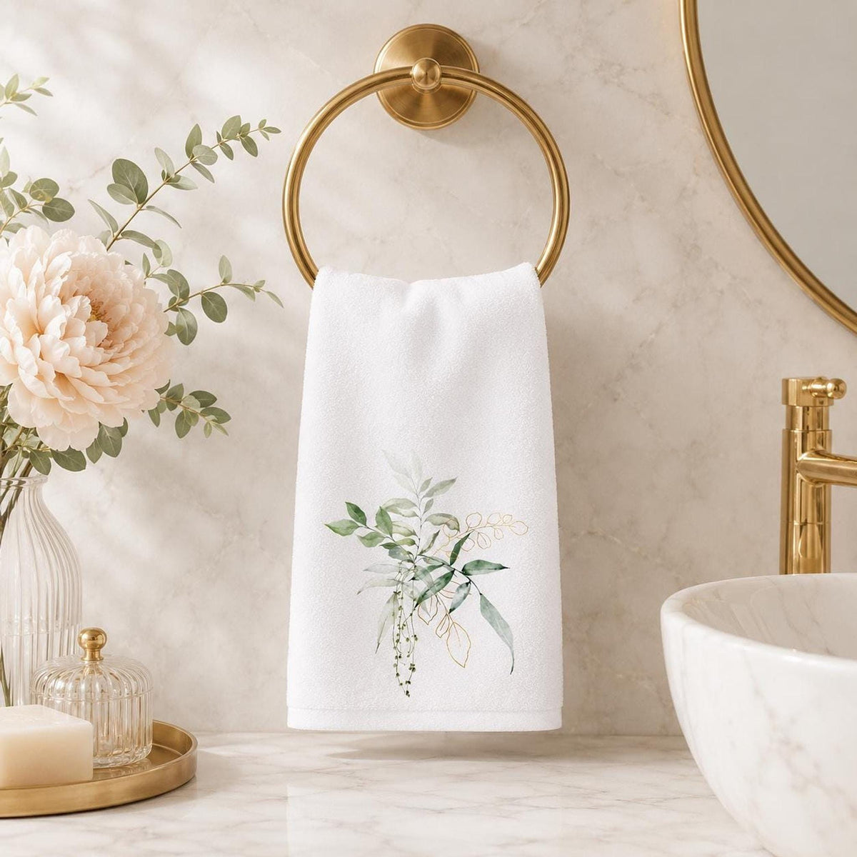 Botanical Towel, White Cotton Terrycloth with Eucalyptus Greenery and Gold Accents