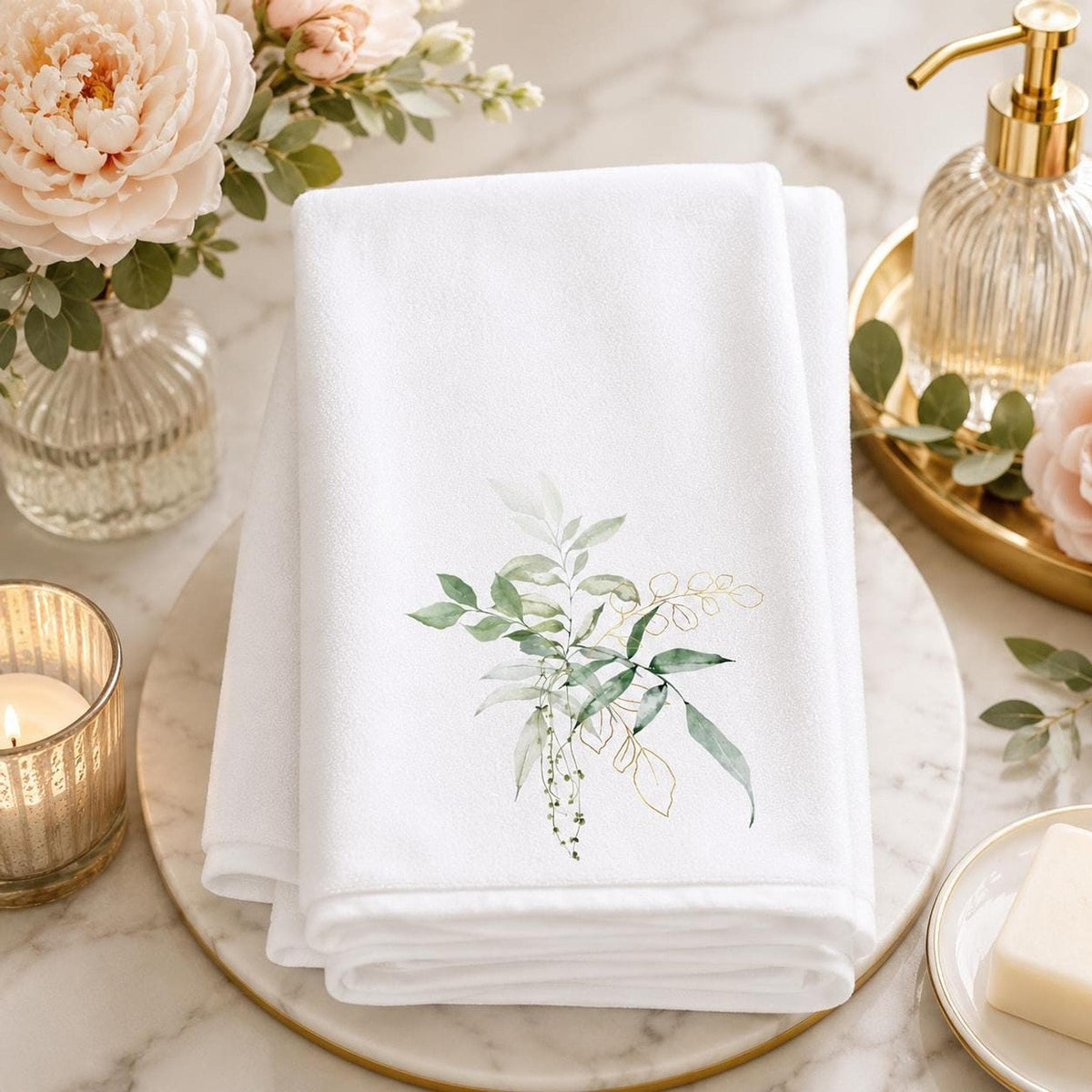 Botanical Towel, White Cotton Terrycloth with Eucalyptus Greenery and Gold Accents