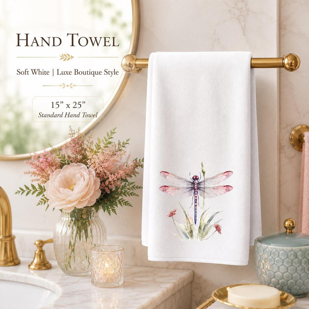 Hand Towel, Dragonfly Design, White Polyester Front, Cotton Terrycloth Back