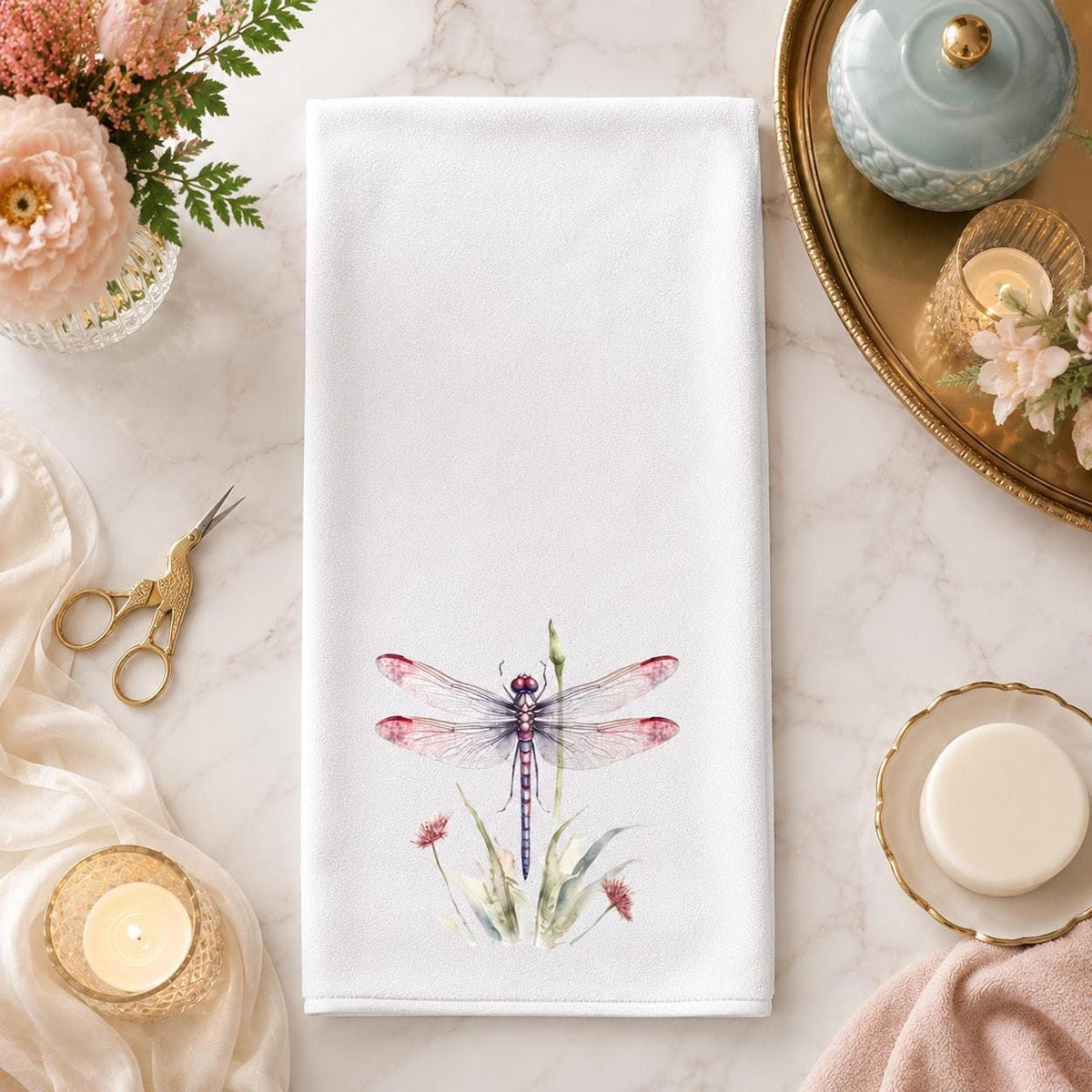Hand Towel, Dragonfly Design, White Polyester Front, Cotton Terrycloth Back