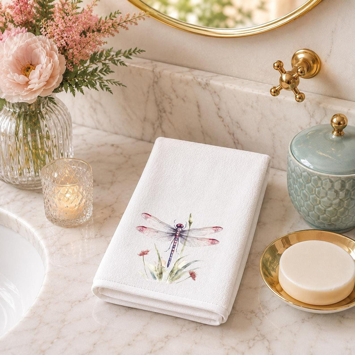 Hand Towel, Dragonfly Design, White Polyester Front, Cotton Terrycloth Back