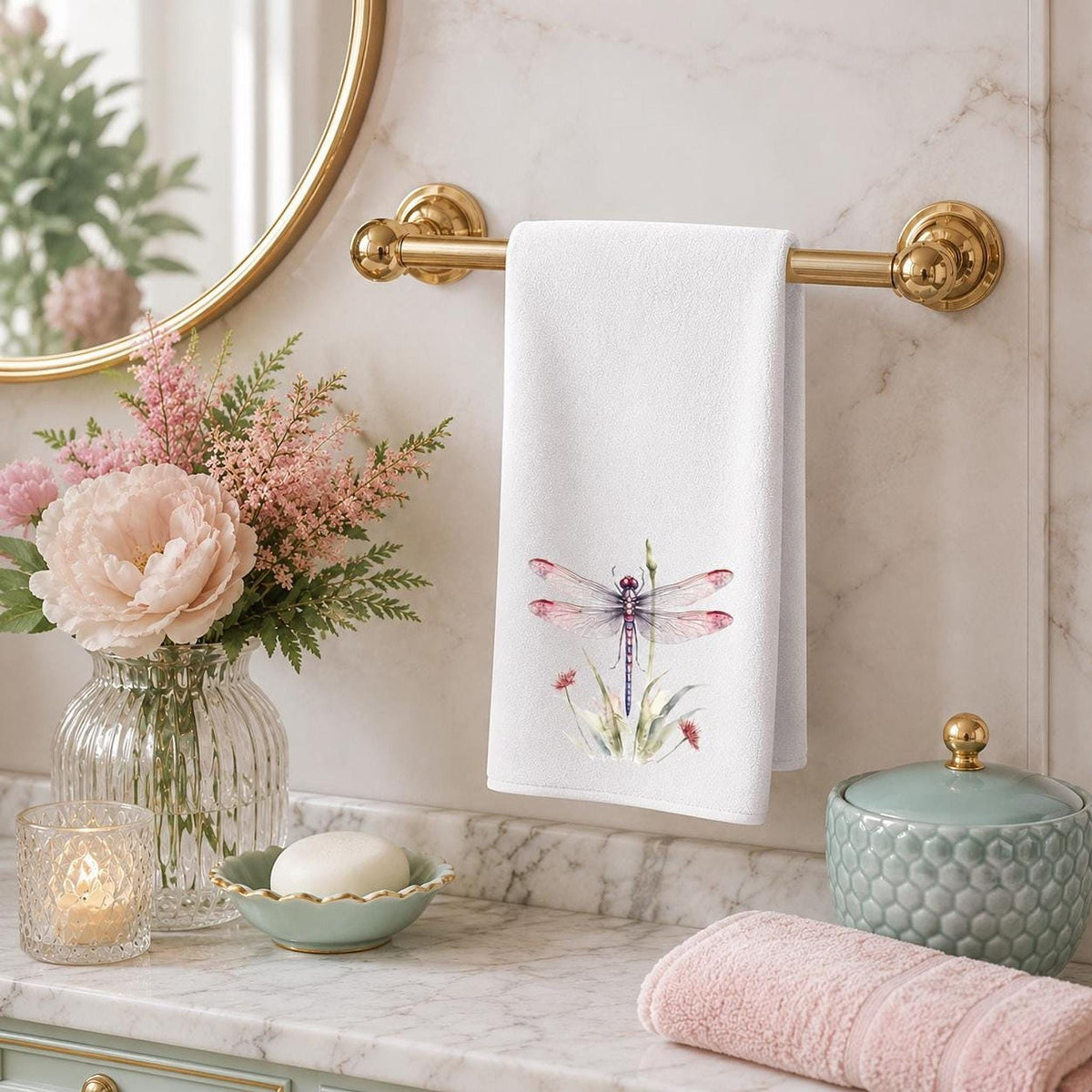 Hand Towel, Dragonfly Design, White Polyester Front, Cotton Terrycloth Back