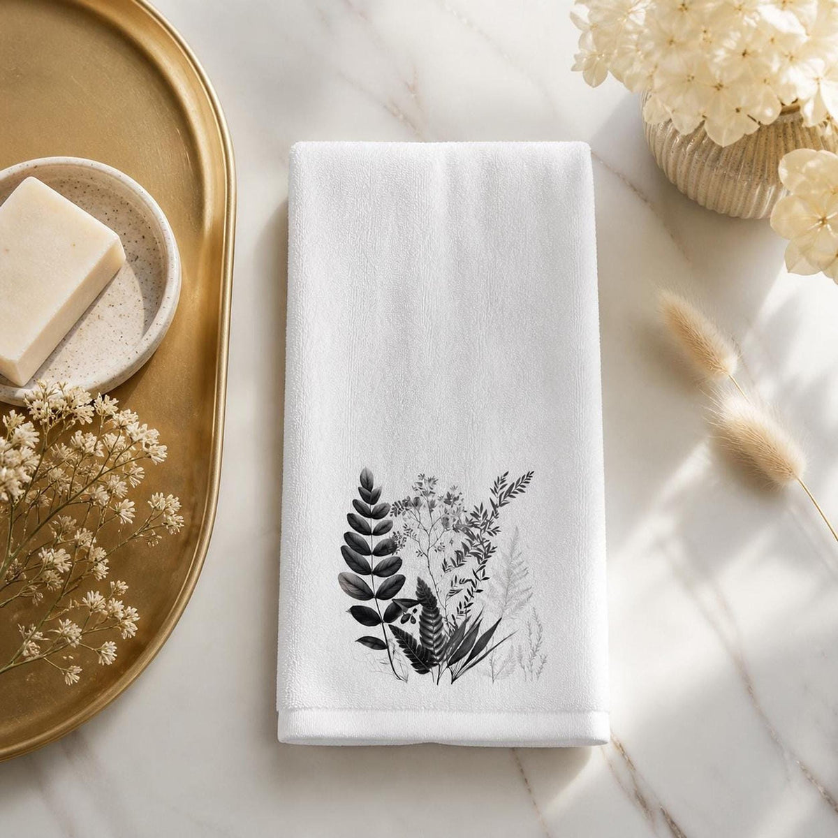 Hand Towel, White With Black Botanical Design, Polyester Front Cotton Terry Back