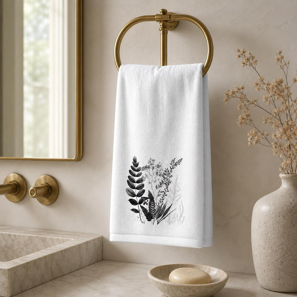 Hand Towel, White With Black Botanical Design, Polyester Front Cotton Terry Back