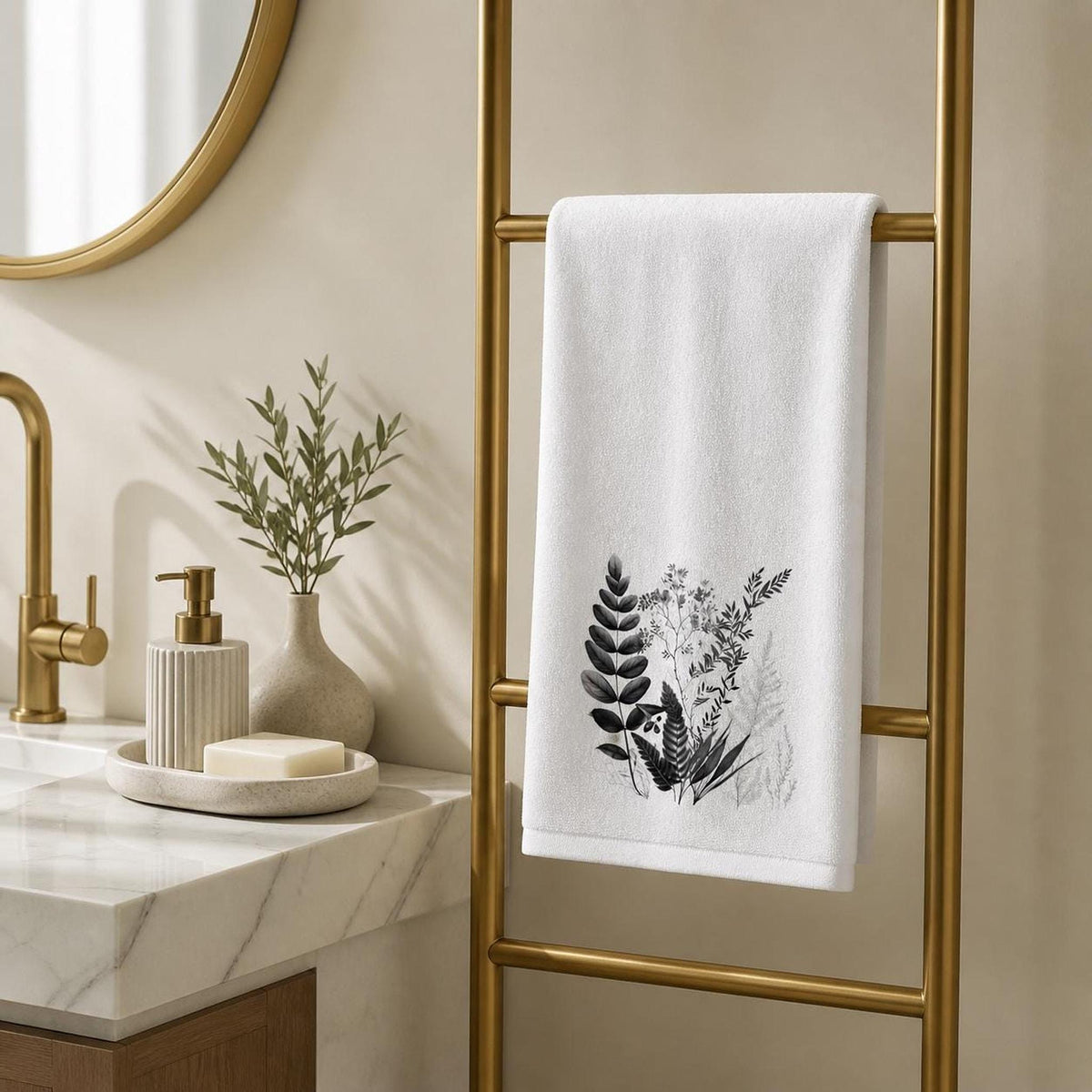 Hand Towel, White With Black Botanical Design, Polyester Front Cotton Terry Back
