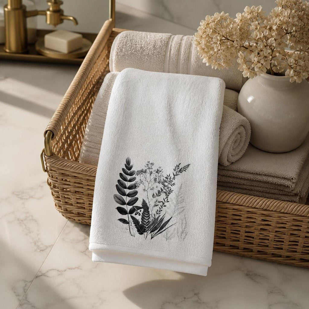 Hand Towel, White With Black Botanical Design, Polyester Front Cotton Terry Back