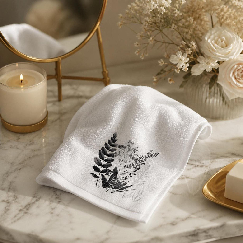 Hand Towel, White With Black Botanical Design, Polyester Front Cotton Terry Back