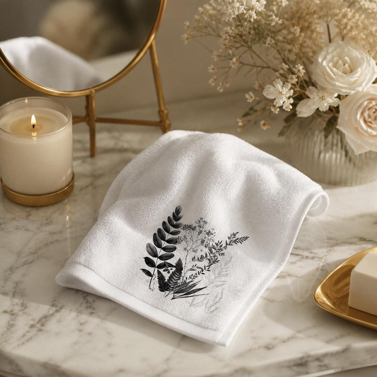 Hand Towel, White With Black Botanical Design, Polyester Front Cotton Terry Back