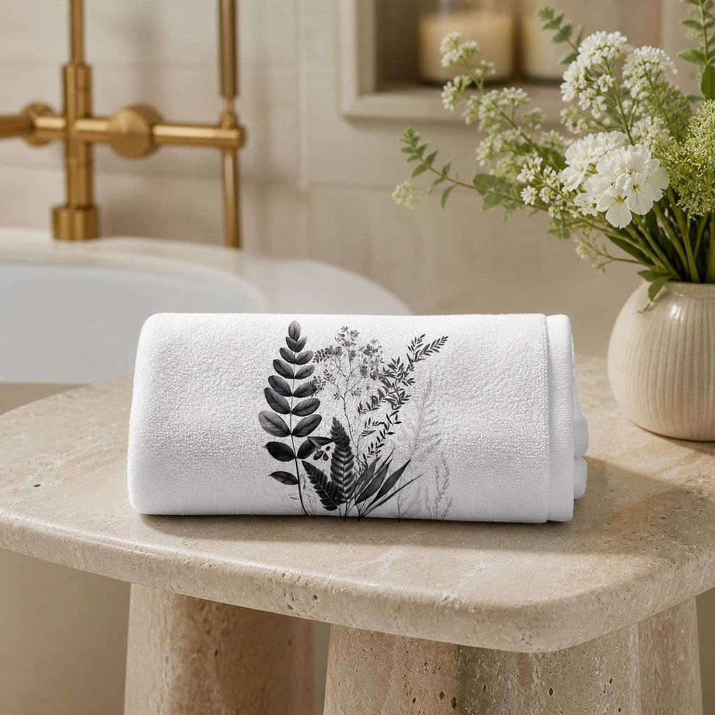 Hand Towel, White With Black Botanical Design, Polyester Front Cotton Terry Back