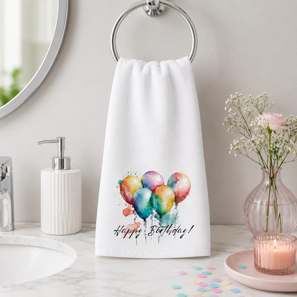 Happy Birthday Hand Towel, Balloon Bathroom Decor, Celebration Guest Bath Accent, Party Gift