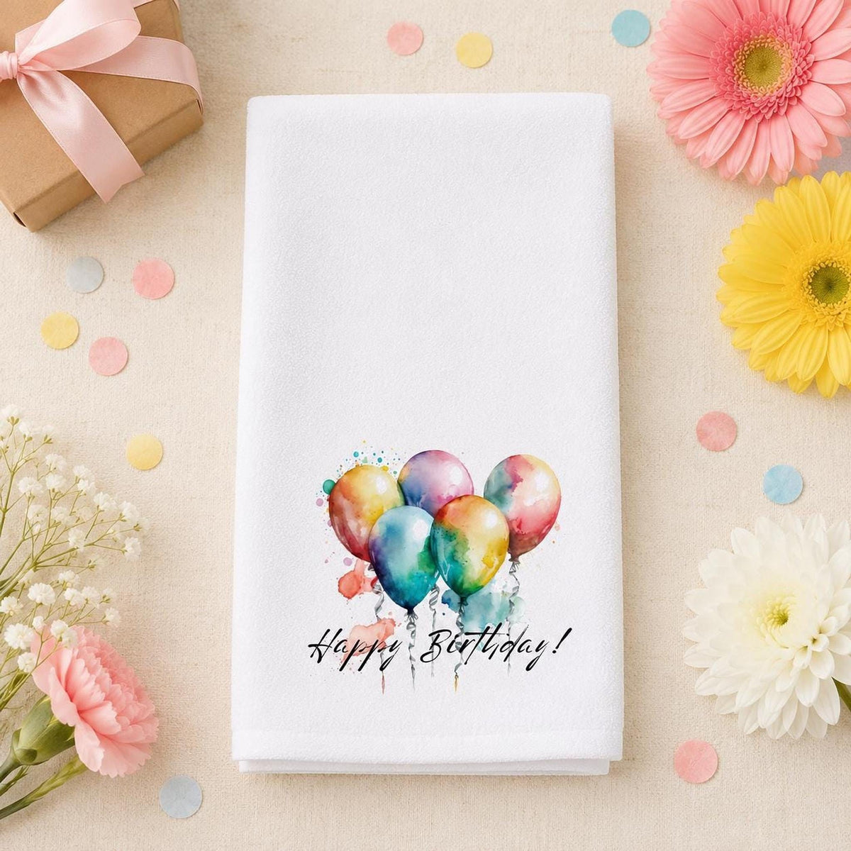 Happy Birthday Hand Towel, Balloon Bathroom Decor, Celebration Guest Bath Accent, Party Gift