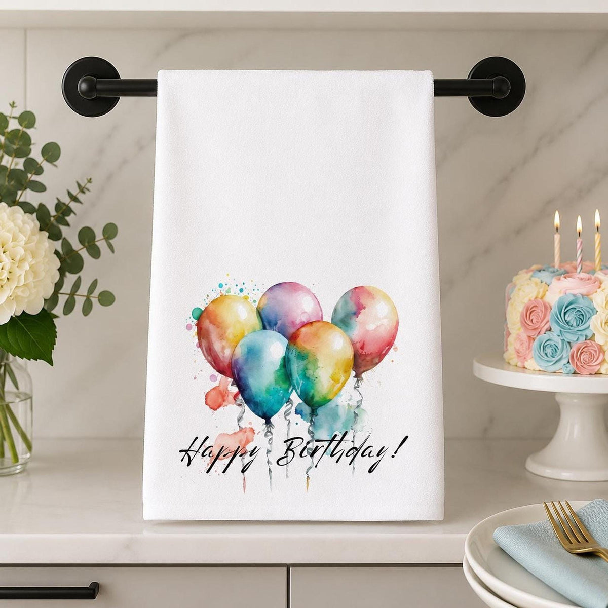 Happy Birthday Hand Towel, Balloon Bathroom Decor, Celebration Guest Bath Accent, Party Gift
