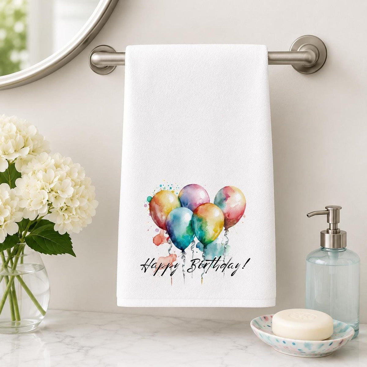 Happy Birthday Hand Towel, Balloon Bathroom Decor, Celebration Guest Bath Accent, Party Gift