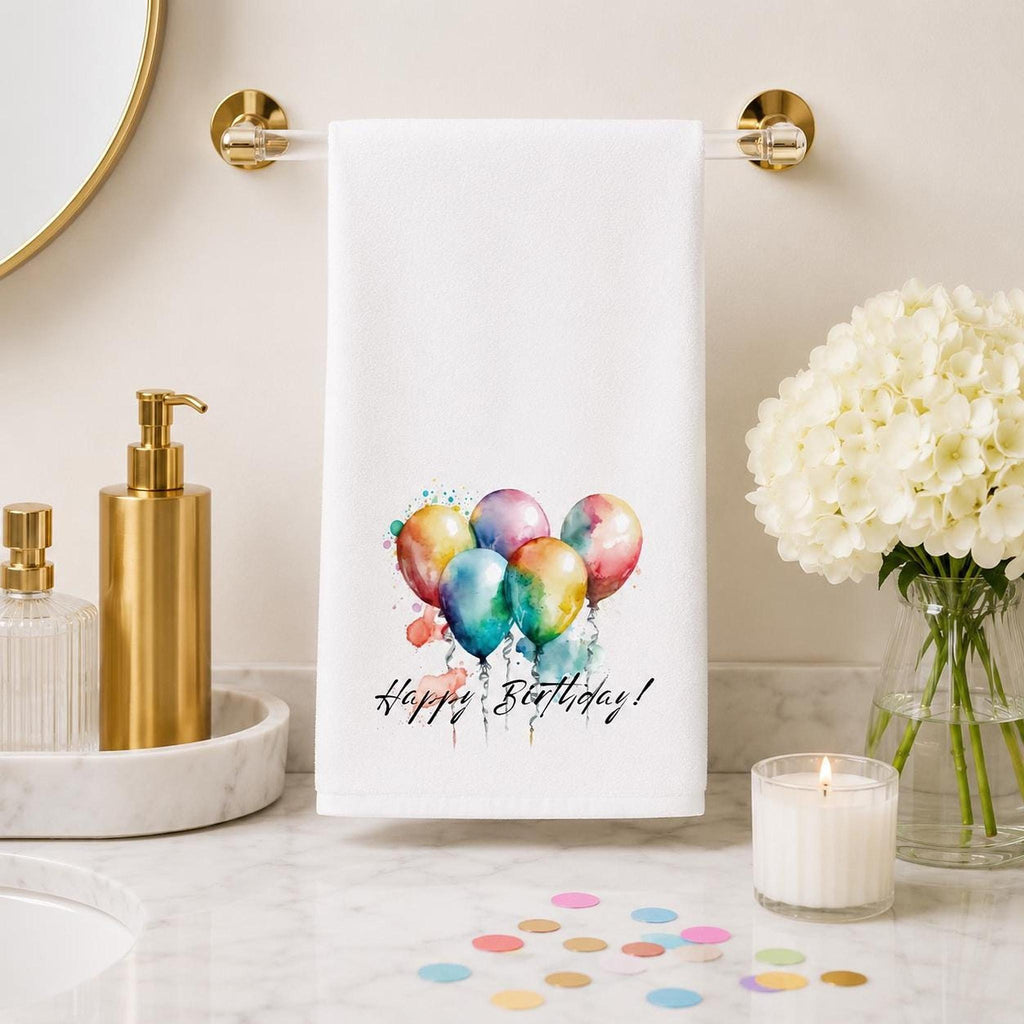 Happy Birthday Hand Towel, Balloon Bathroom Decor, Celebration Guest Bath Accent, Party Gift