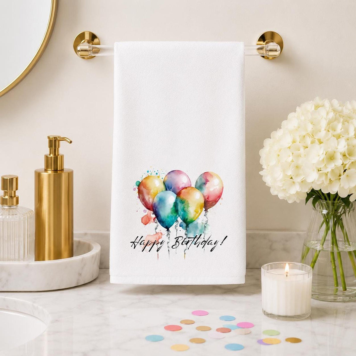 Happy Birthday Hand Towel, Balloon Bathroom Decor, Celebration Guest Bath Accent, Party Gift