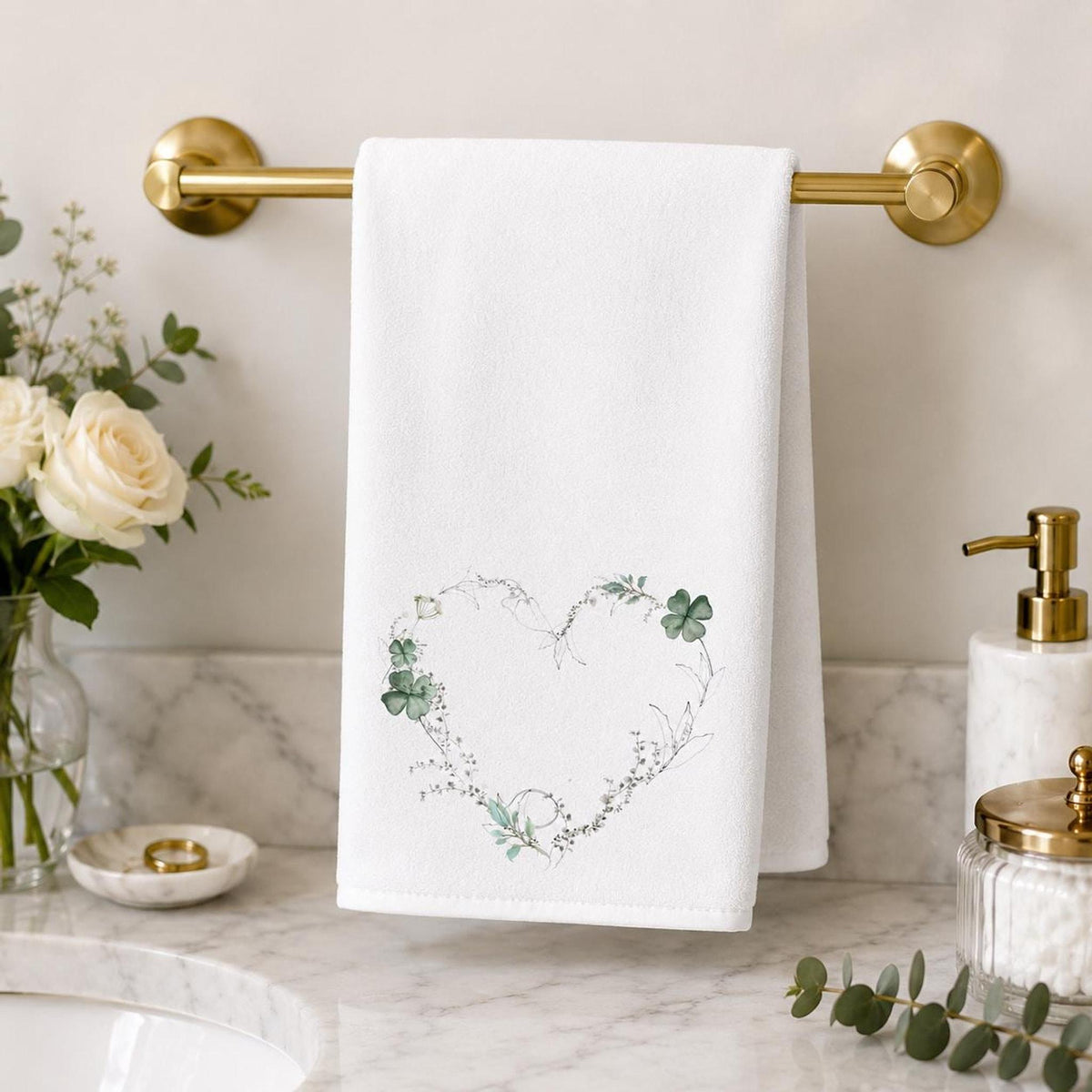 Powder Room Decor, Clover Green Floral Heart Hand Towel, 15 x 25