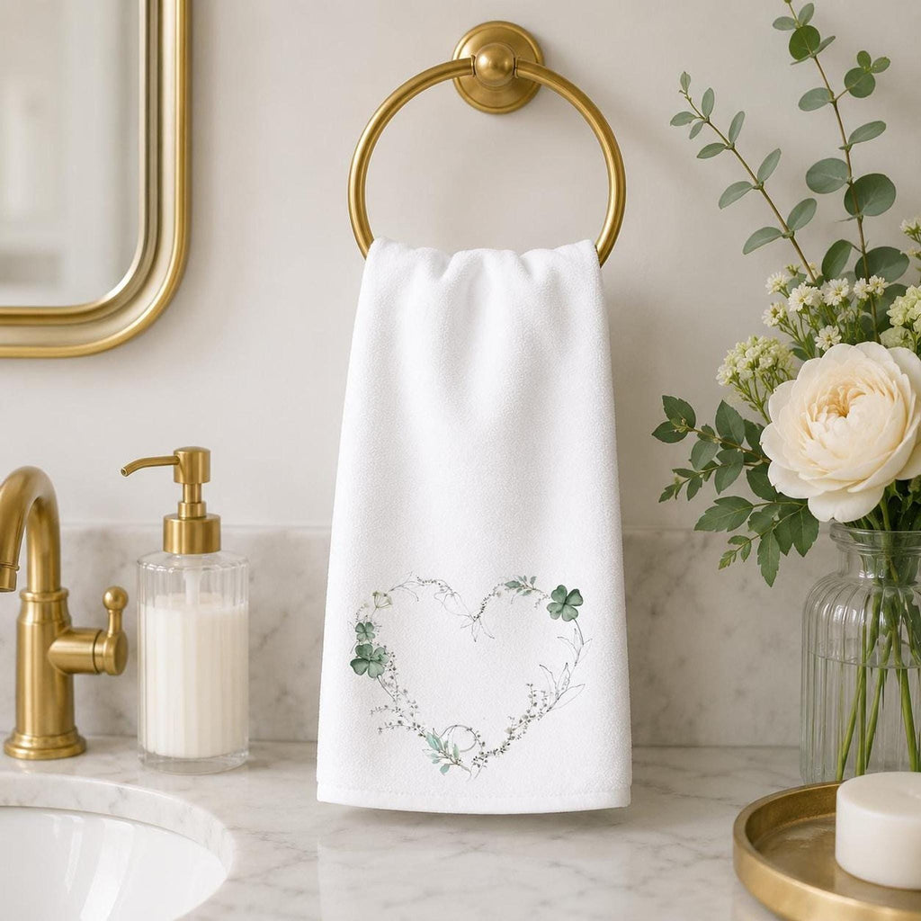 Powder Room Decor, Clover Green Floral Heart Hand Towel, 15 x 25