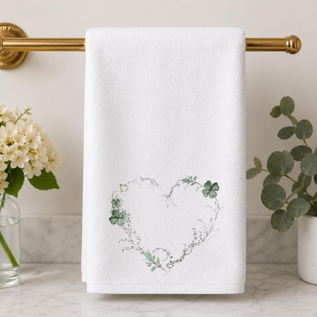 Powder Room Decor, Clover Green Floral Heart Hand Towel, 15 x 25