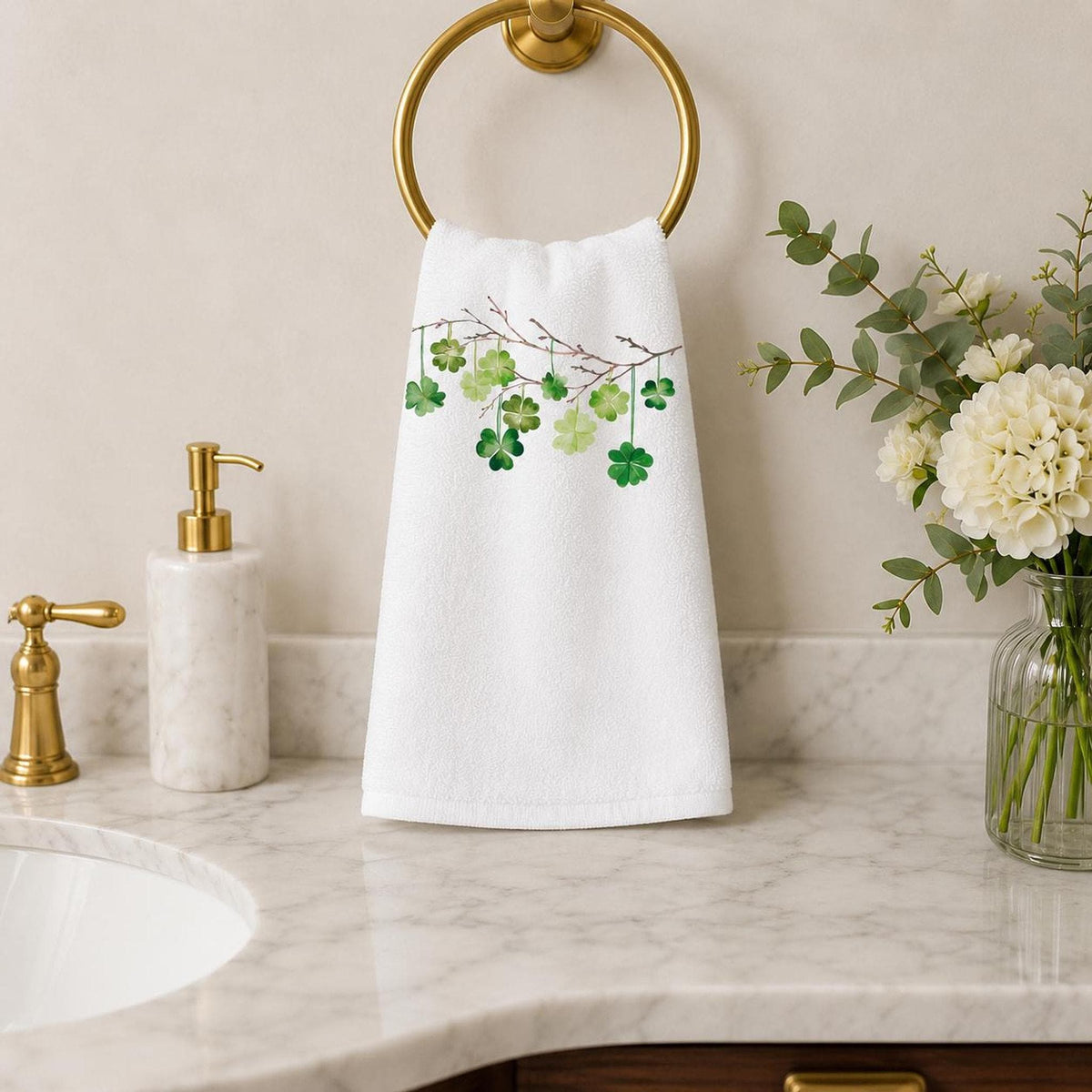 Celtic Housewarming Shamrock Hand Towel, White Cotton Terry Back