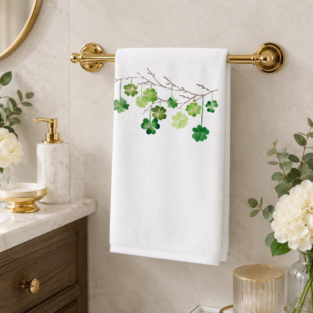Celtic Housewarming Shamrock Hand Towel, White Cotton Terry Back