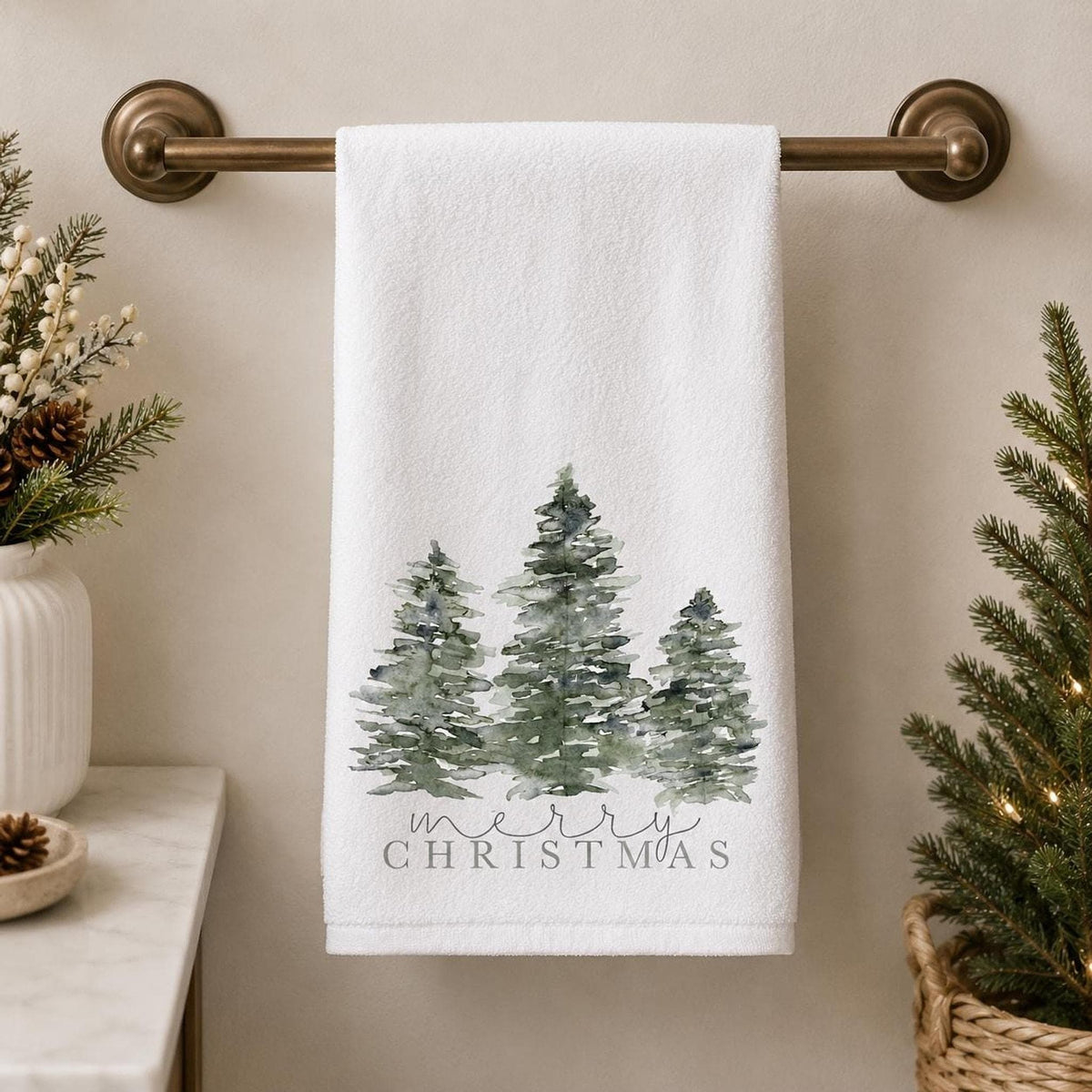 Christmas Hand Towel with Evergreen Trees, Cotton Terrycloth Holiday Bath Decor