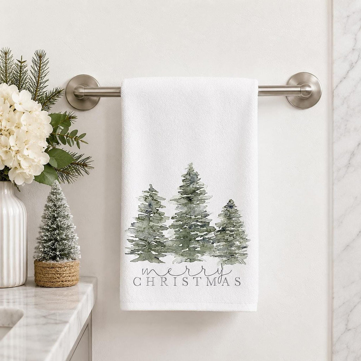 Christmas Hand Towel with Evergreen Trees, Cotton Terrycloth Holiday Bath Decor