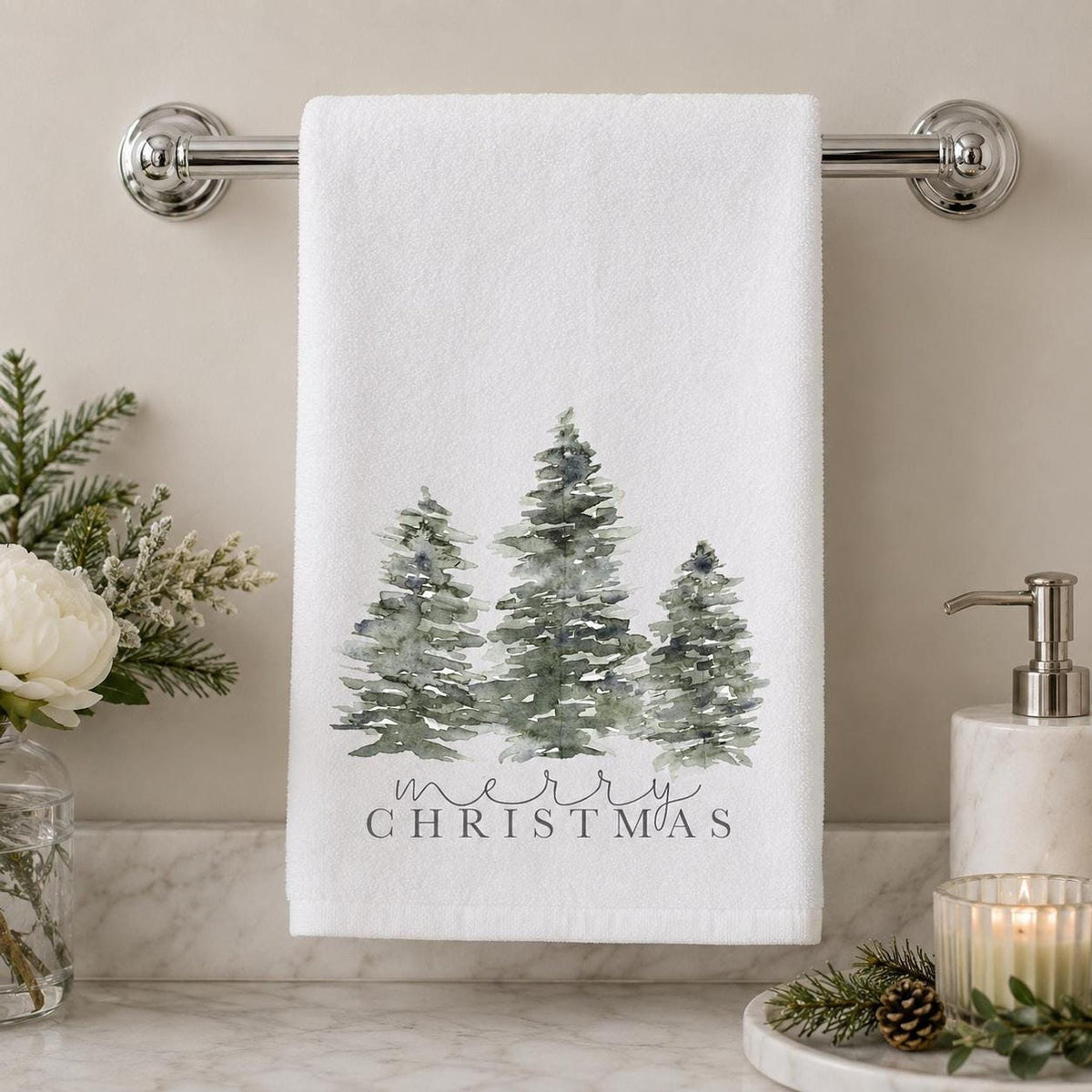 Christmas Hand Towel with Evergreen Trees, Cotton Terrycloth Holiday Bath Decor