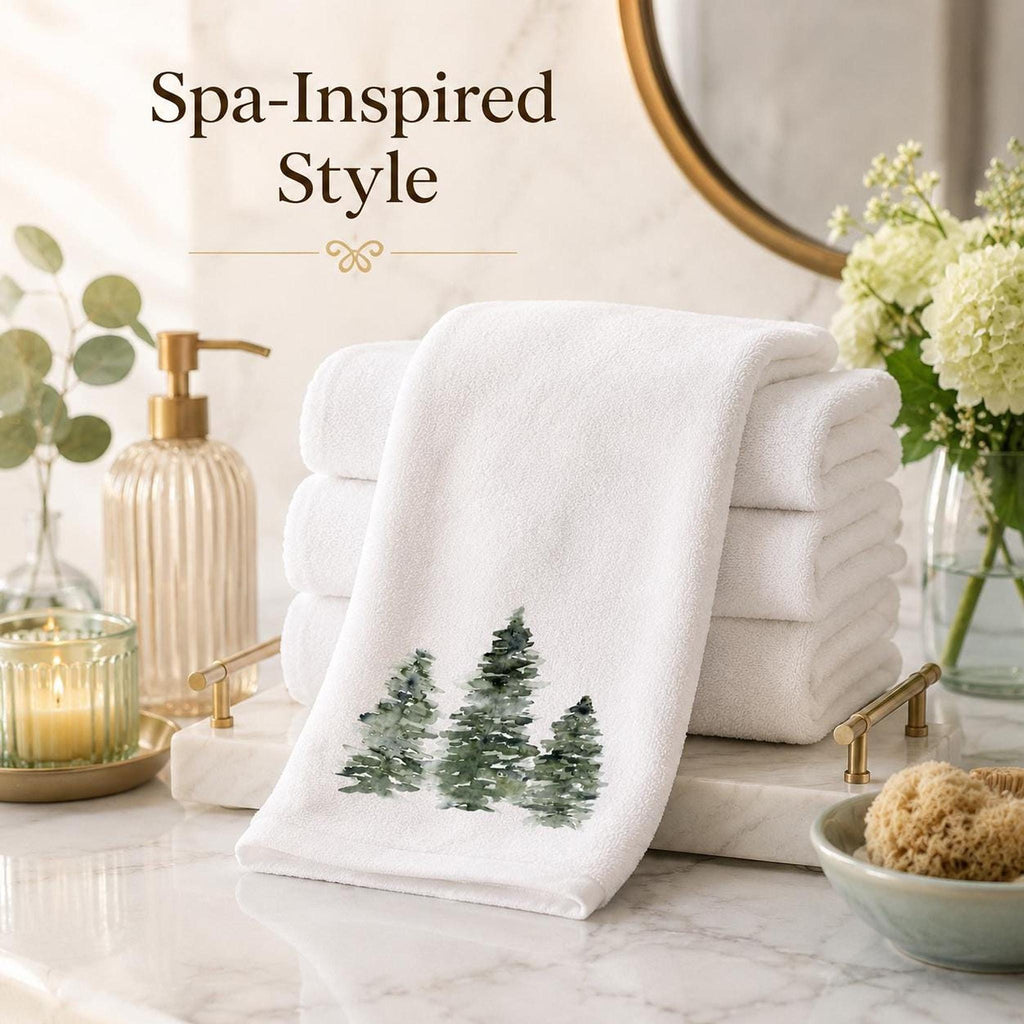 Rustic Greenery Hand Towel, White Pine Tree Decor, Cotton Terry Cloth
